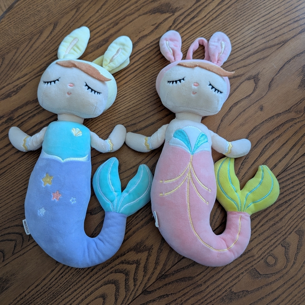 Metoo. Mermaid Plush Doll Set - With Bunny Ears.  Purple and Pink. Set Of 2. GUC